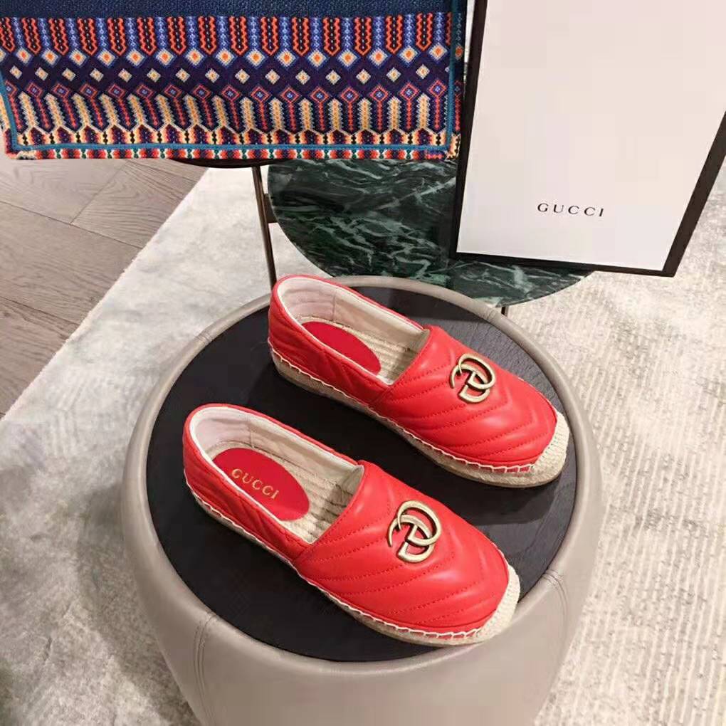 Gucci Women Leather Espadrille with Double G in Matelassé Chevron Leather-Red