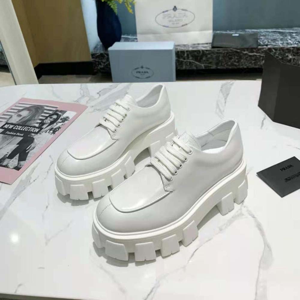 Prada Women Monolith Brushed Leather Lace-up Shoes-White