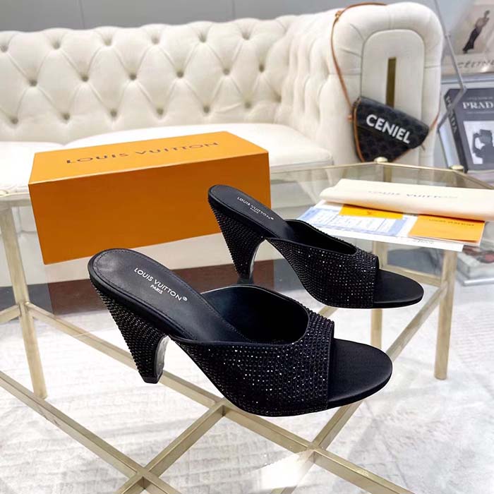 Louis Vuitton LV Women Super Mule Black Strass Leather Outsole 10 CM Heel