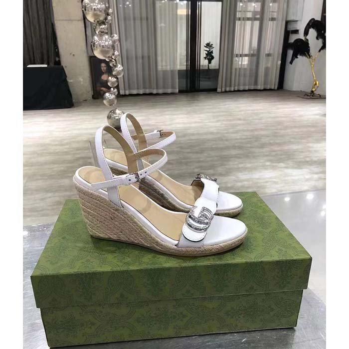 Gucci Women GG Leather Espadrille Sandal Interlocking G Off White Mid Heel