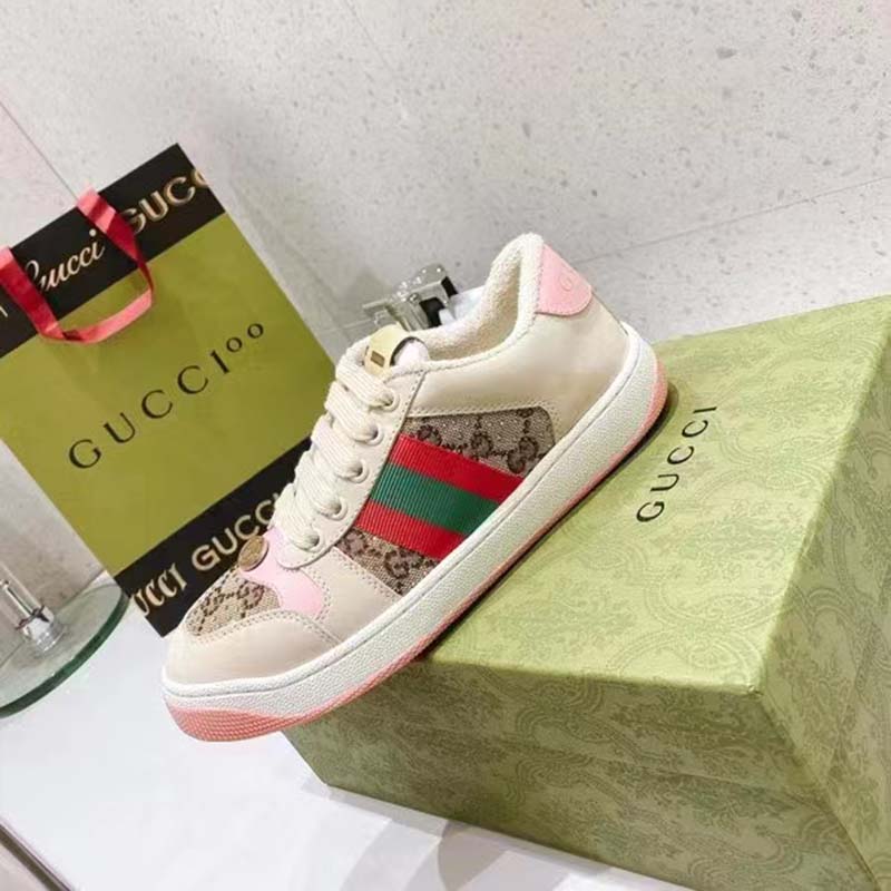 Gucci Unisex Screener Sneaker Crystals Beige Ebony GG Canvas 3.6 cm Heel