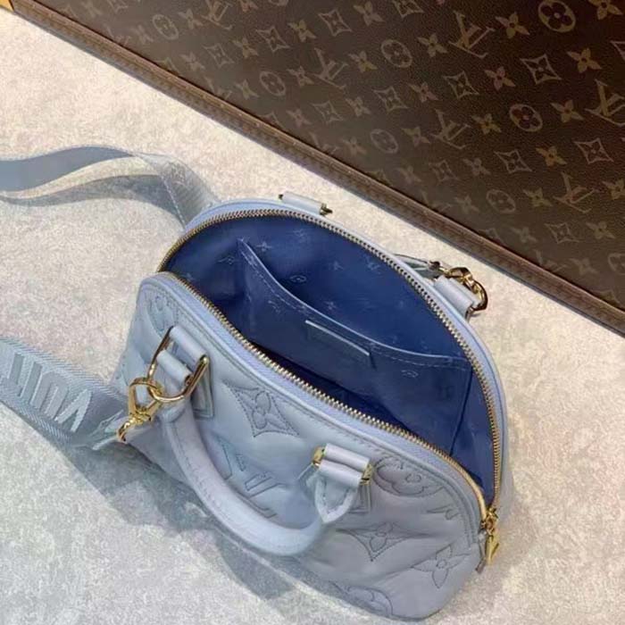Louis Vuitton LV Women Alma BB Handbag Blue Quilted Embroidered Smooth Calf Leather