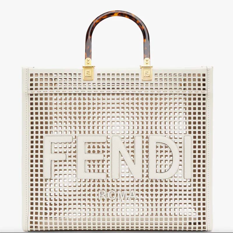 Fendi Women Sunshine Medium White Two-Toned Perforated Leather Shopper