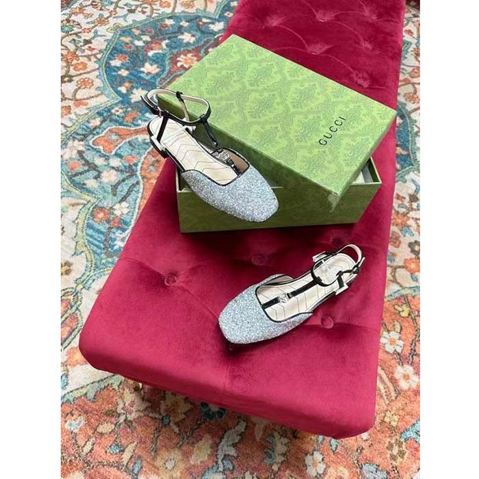 Gucci Women GG Double G Ballet Flat Black Glitter Leather Square Toe 1.5 CM Heel