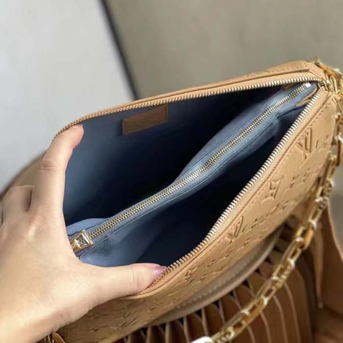 Louis Vuitton LV Women Coussin PM Handbag Camel Monogram Embossed Puffy Lambskin Calfskin Leather