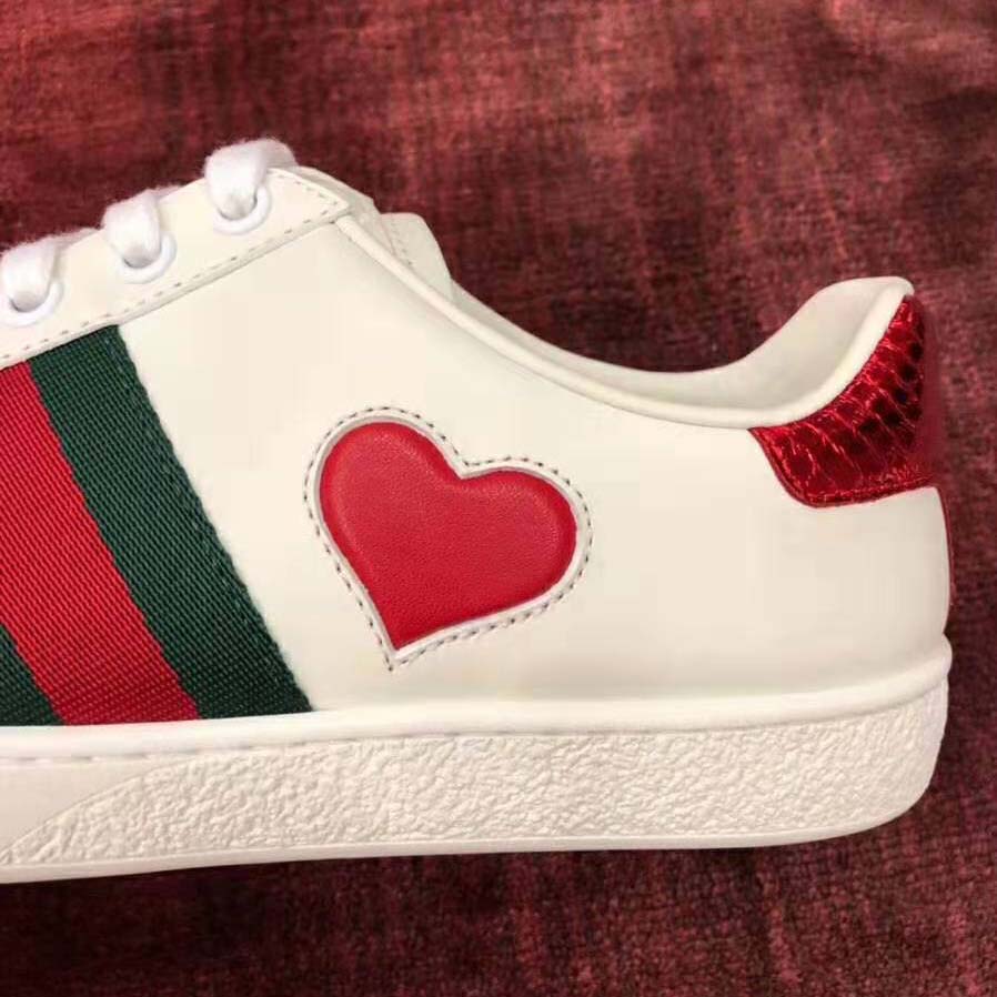 Gucci Women’s Ace Embroidered Sneaker with Two Leather Hearts in Rubber Sole-White
