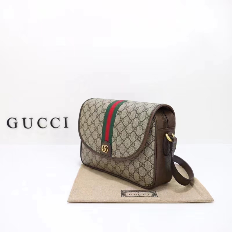 Gucci GG Unisex Ophidia Messenger Bag Beige Ebony GG Supreme Canvas Double G