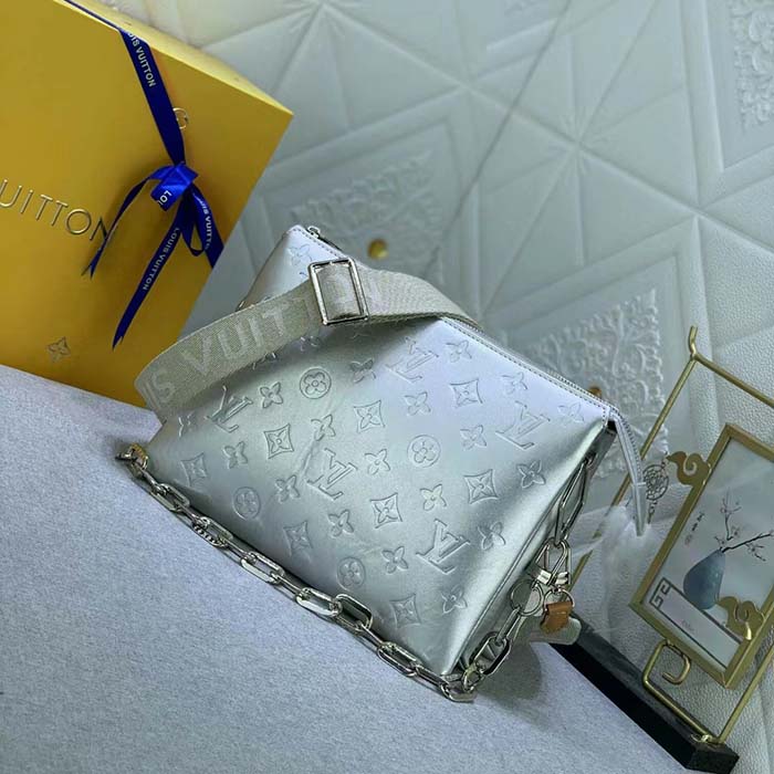Louis Vuitton LV Women Coussin PM Handbag Silver Lambskin Cowhide Lining Zip Closure