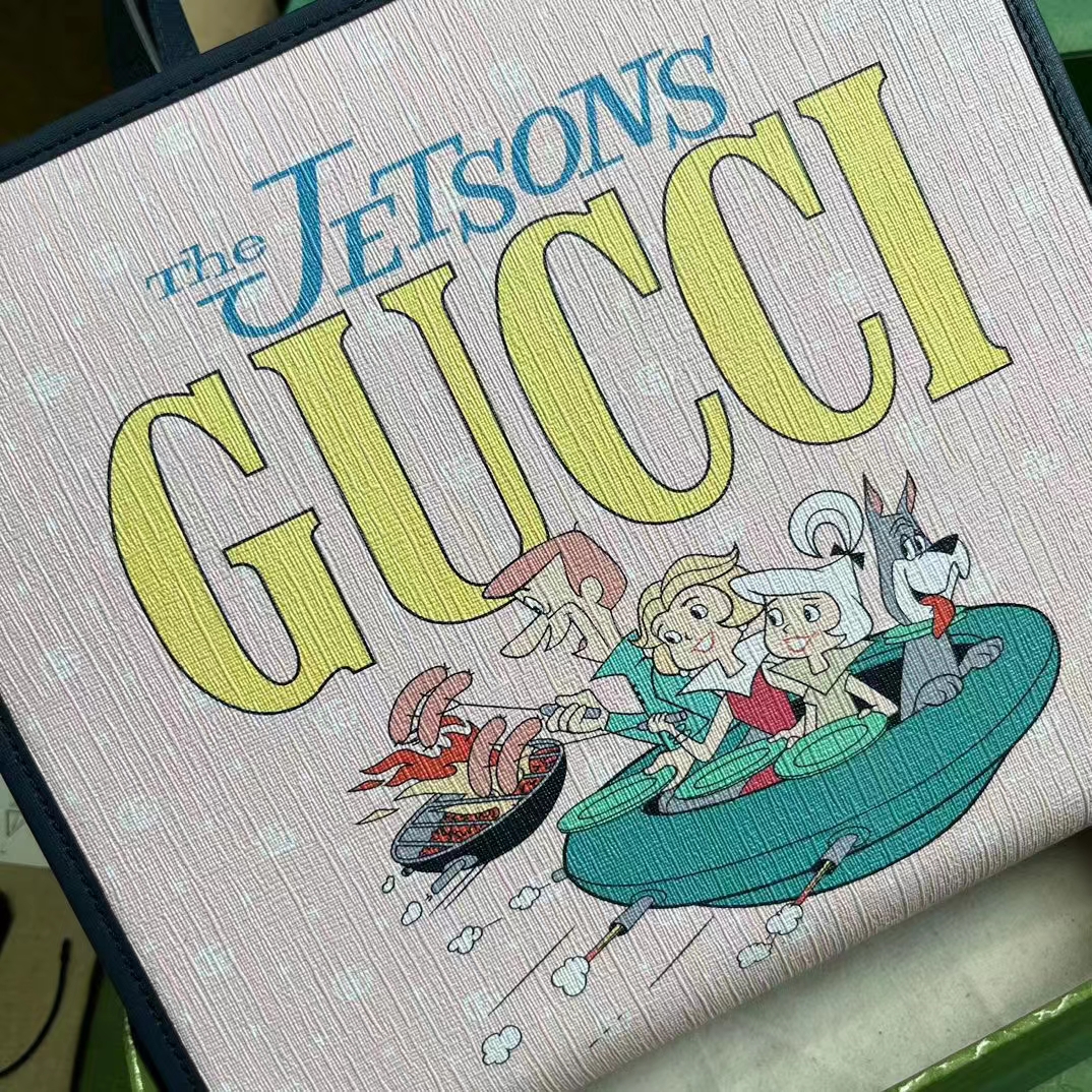 Gucci Unisex Printed Tote Bag Light Pink Double G Stars Supreme Canvas Nylon Lining