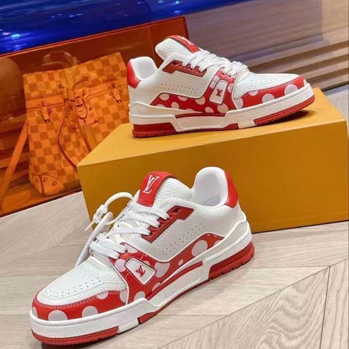 Louis Vuitton Unisex LV Trainer Sneaker Red Calf Leather Rubber Outsole Monogram Flowers