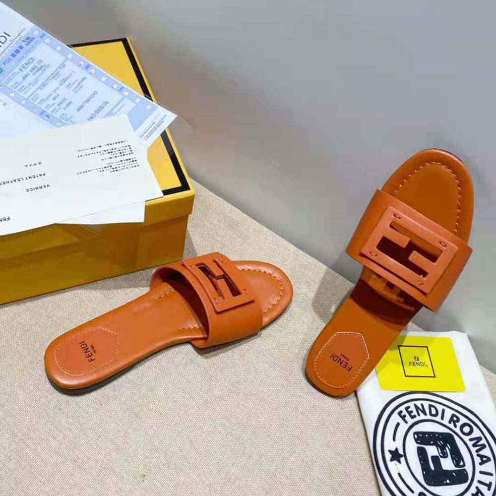 Fendi Women Signature Brown Leather Slides in 0.4 inches Heel Height