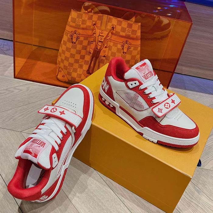 Louis Vuitton LV Unisex Trainer Sneaker Red Monogram Denim Rubber Outsole Monogram Flower