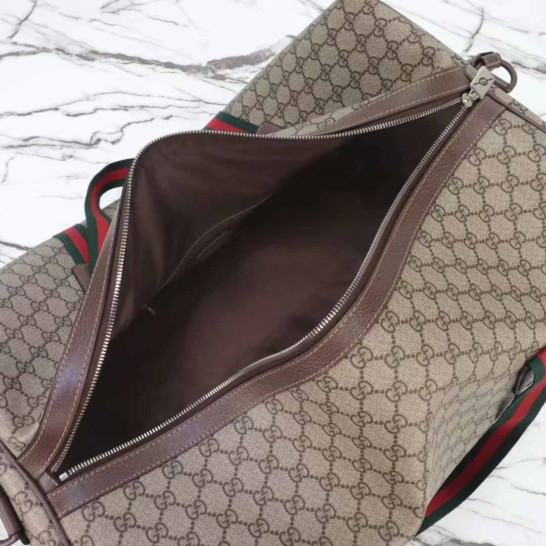 Gucci Unisex Maxi Duffle Bag Web Beige Ebony Soft GG Supreme Zip Closure