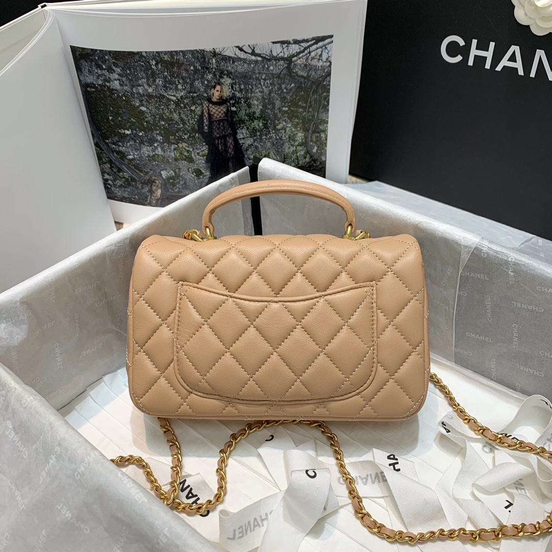 Chanel Women Mini Flap Bag with Top Handle Grained Calfskin Gold-Tone Metal Sandy