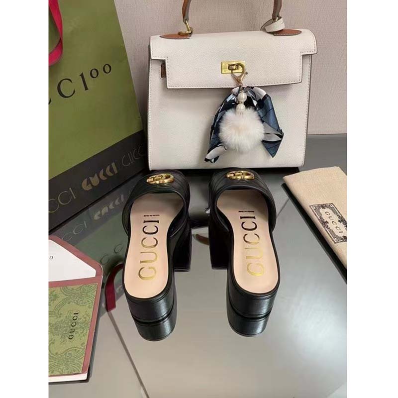 Gucci Women Double G Slide Sandal Black Chevron Matelassé Leather Mid-Heel