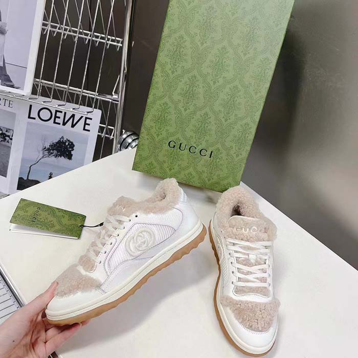 Gucci GG Unisex MAC80 Sneaker Off White Leather Merino Wool Round Toe Rubber Flat