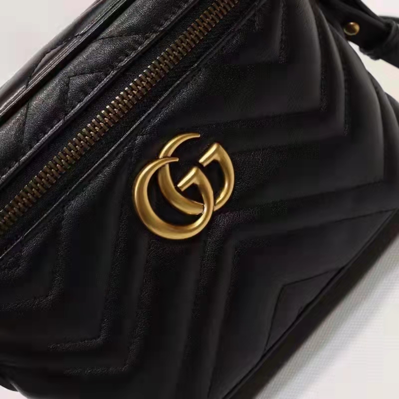 Gucci Unisex GG Marmont Mini Bag Black Chevron Matelassé Leather Double G