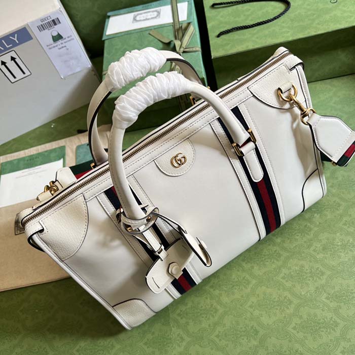Gucci Unisex GG Bauletto Medium Top Handle Bag White Leather Double G