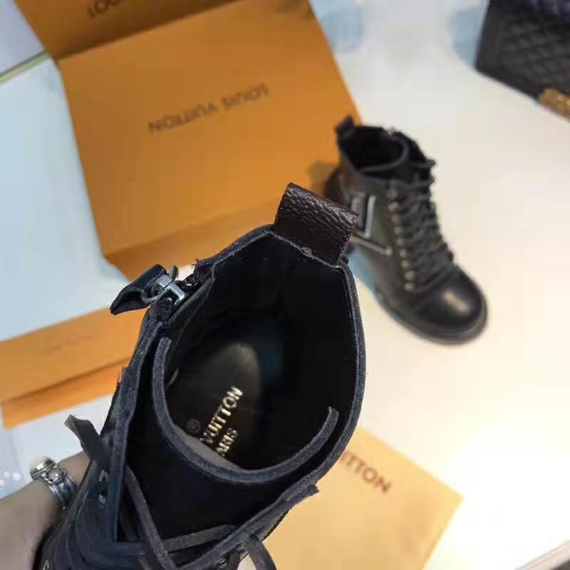 Louis Vuitton LV Women Star Trail Ankle Boot in Supple Black Calf Leather with Monogram Canvas-Black