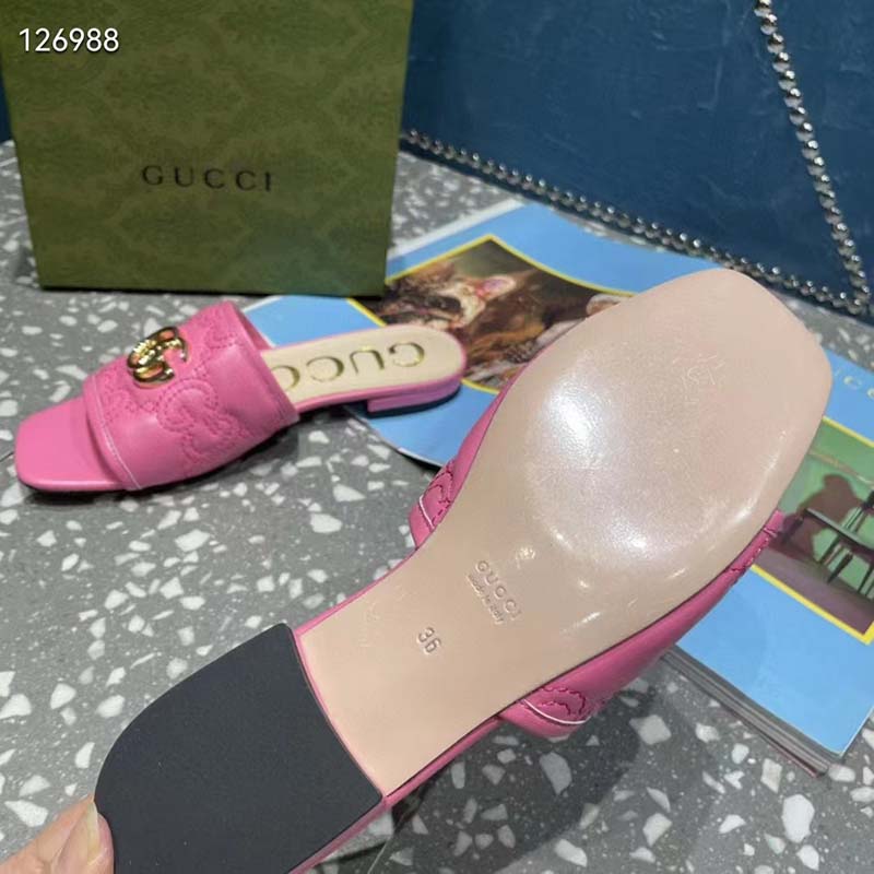 Gucci Women Matelassé Slide Sandal Pink GG Matelassé Leather Square Toe Flat
