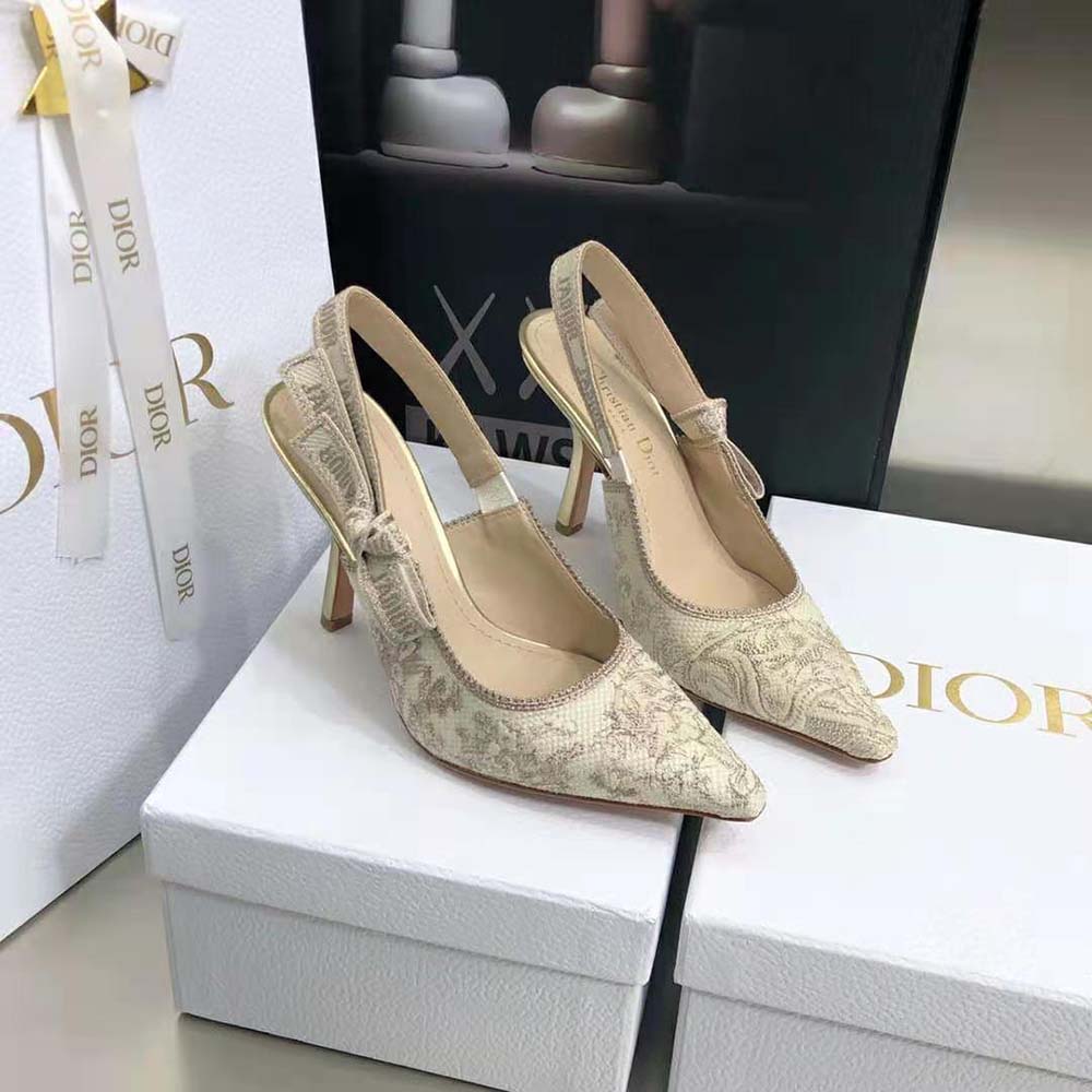 Dior Women J adior Slingback Pump White and Gold-Tone Toile de Jouy Embroidered Cotton