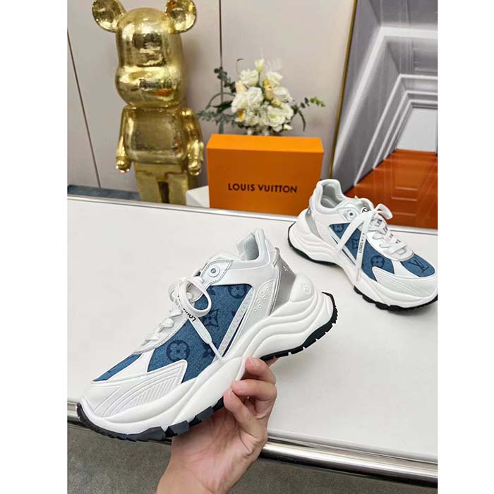 Louis Vuitton LV Unisex Run 55 Sneaker Denim Blue Monogram Denim Lifted Rubber