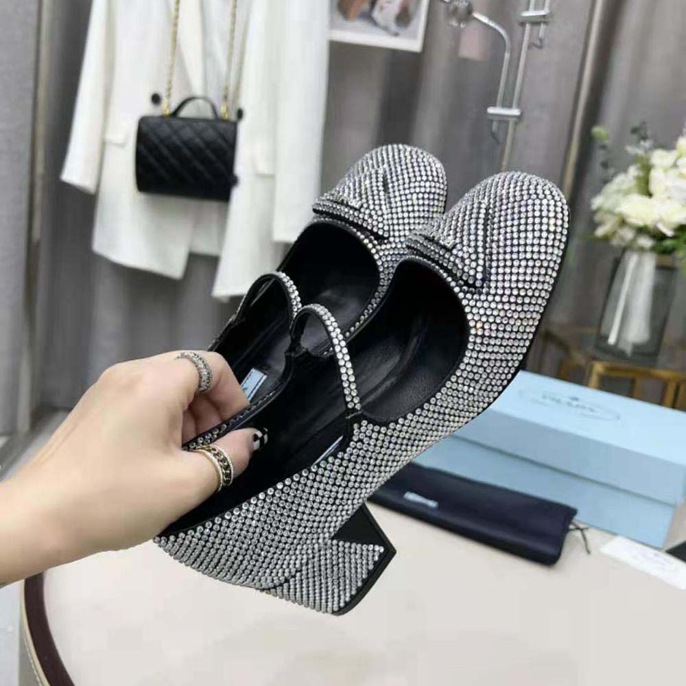 Prada Women Satin Pumps with Crystals in 45mm Heel Height-Silver