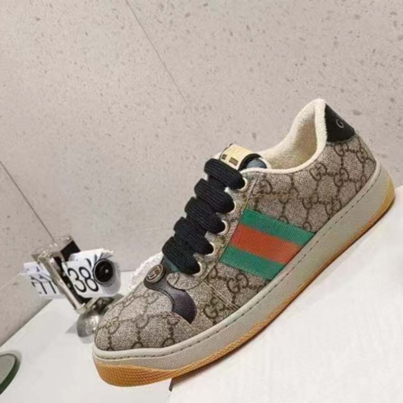 Gucci Unisex GG Screener Sneaker Beige Ebony GG Supreme Canvas Green Red Web
