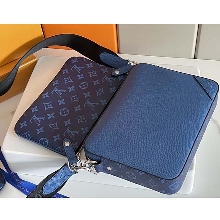 Louis Vuitton LV Unisex Trio Messenger Cobalt Blue Monogram Coated Canvas Taiga Cowhide Leather