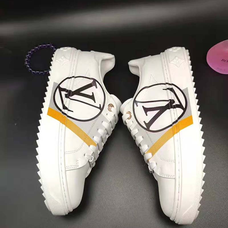 Louis Vuitton LV Unisex Time Out Sneaker in Calf Leather and Monogram Flowers-Grey