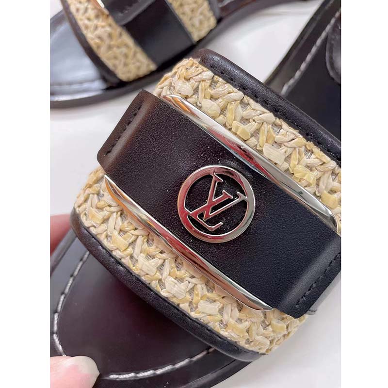Louis Vuitton LV Women Lock It Flat Mule Black Raffia Calf Leather