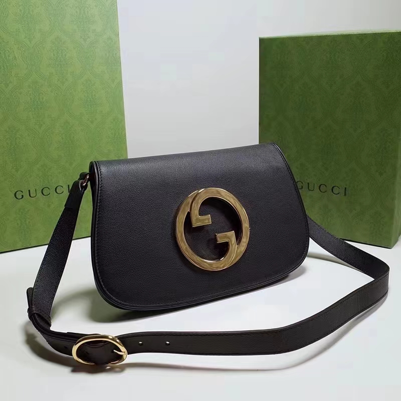 Gucci Women GG Blondie Shoulder Bag Black Leather Round Interlocking G