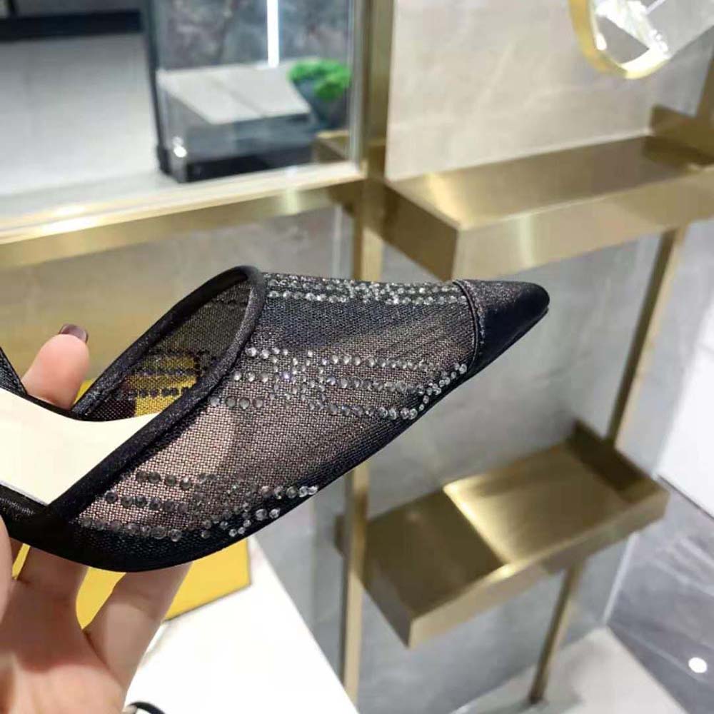 Fendi Women Colibri Black Mesh High-Heeled Slingbacks with Rhinestone Embroidery