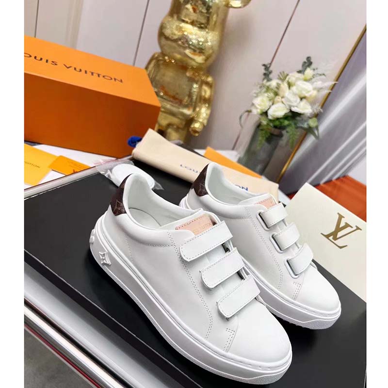 Louis Vuitton LV Unisex Time Out Sneaker White Calf Leather Monogram Canvas