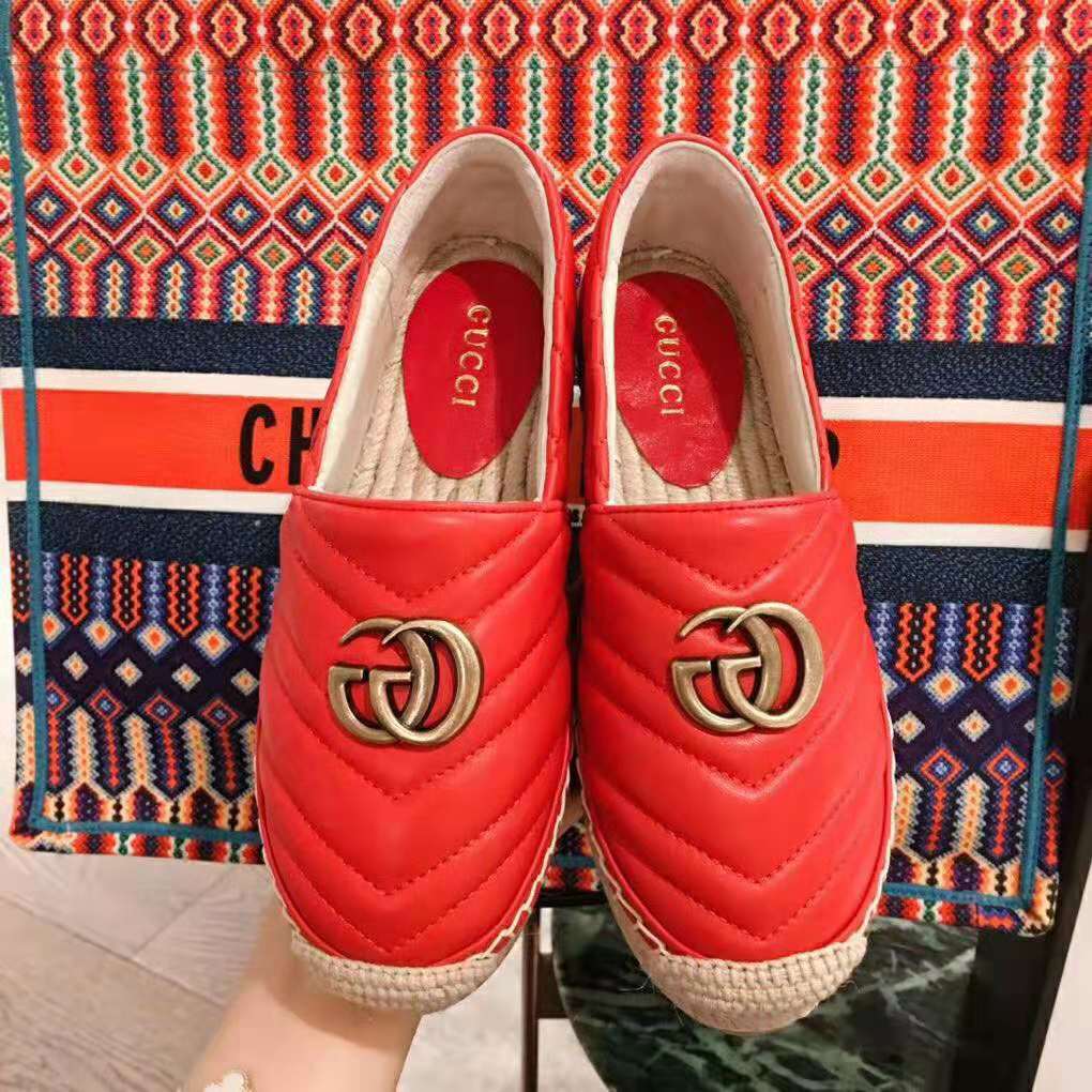 Gucci Women Leather Espadrille with Double G in Matelassé Chevron Leather-Red
