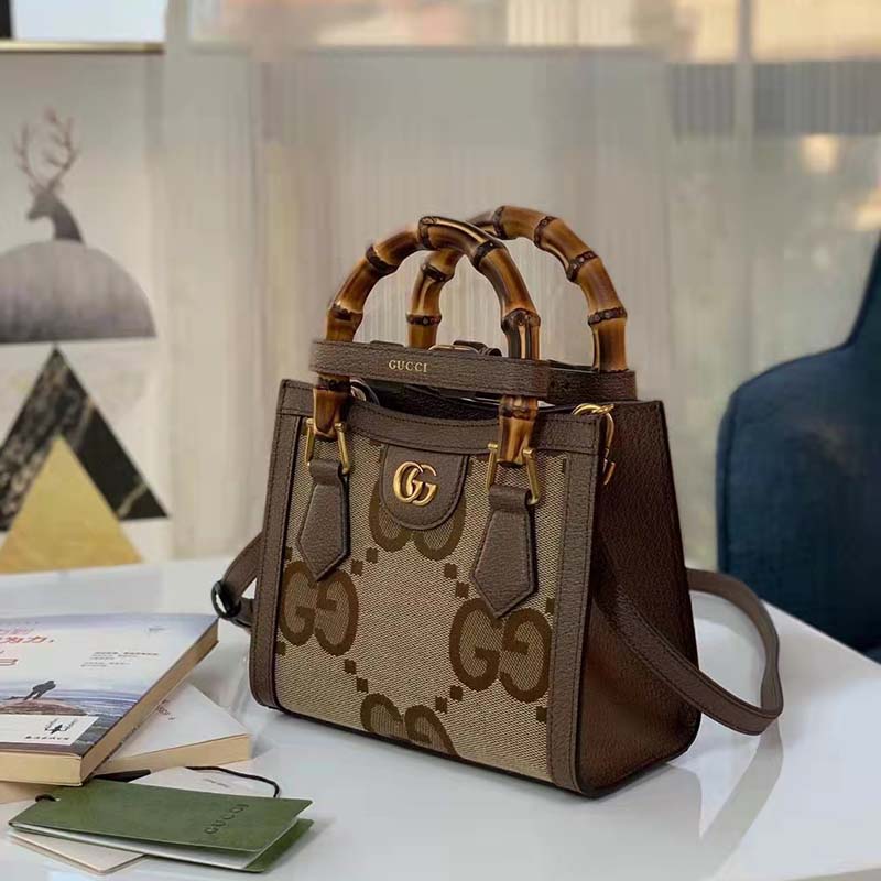 Gucci Unisex Diana Jumbo GG Mini Tote Bag Camel Ebony Jumbo GG Canvas