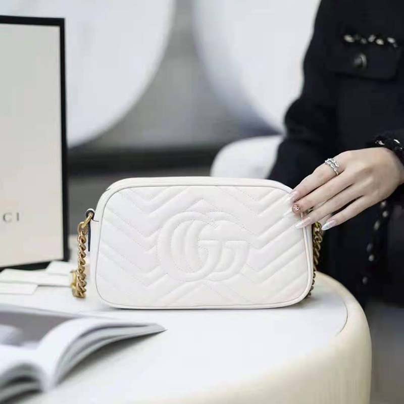 Gucci GG Women GG Marmont Small Matelassé Shoulder Bag White Double G