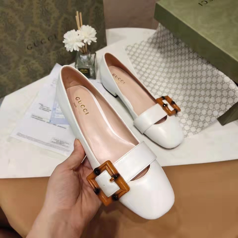 Gucci Women’s GG Ballet Flat Bamboo Buckle White Leather Round Toe Chunky Heel