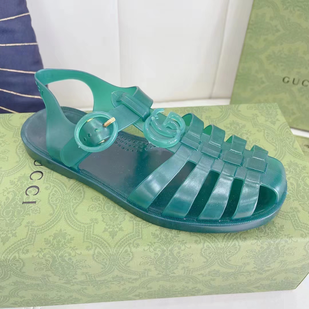 Gucci Unisex GG Sandal Double G Transparent Green Rubber Sole Ankle Buckle Flat