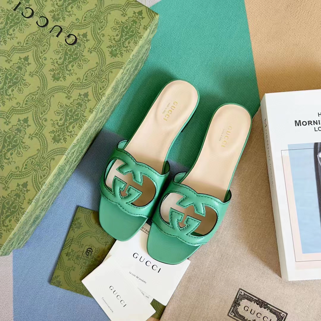 Gucci Women Interlocking G Cut Out Slide Sandal Bright Green Leather Flat