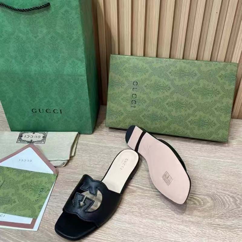 Gucci Women Interlocking G Cut Out Slide Sandal Black Leather Flat