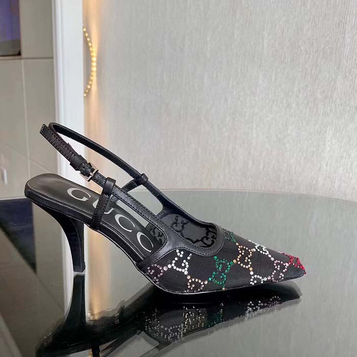 Gucci Women GG Slingback Pump Black GG Crystal Mesh Leather Mid 7.6 cm Heel