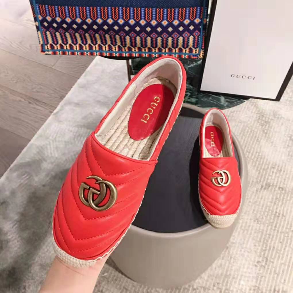 Gucci Women Leather Espadrille with Double G in Matelassé Chevron Leather-Red