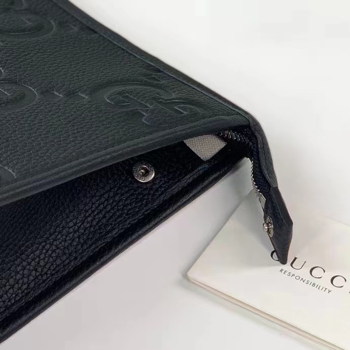 Gucci Unisex Jumbo GG Pouch Black Jumbo GG Leather Zip Closure