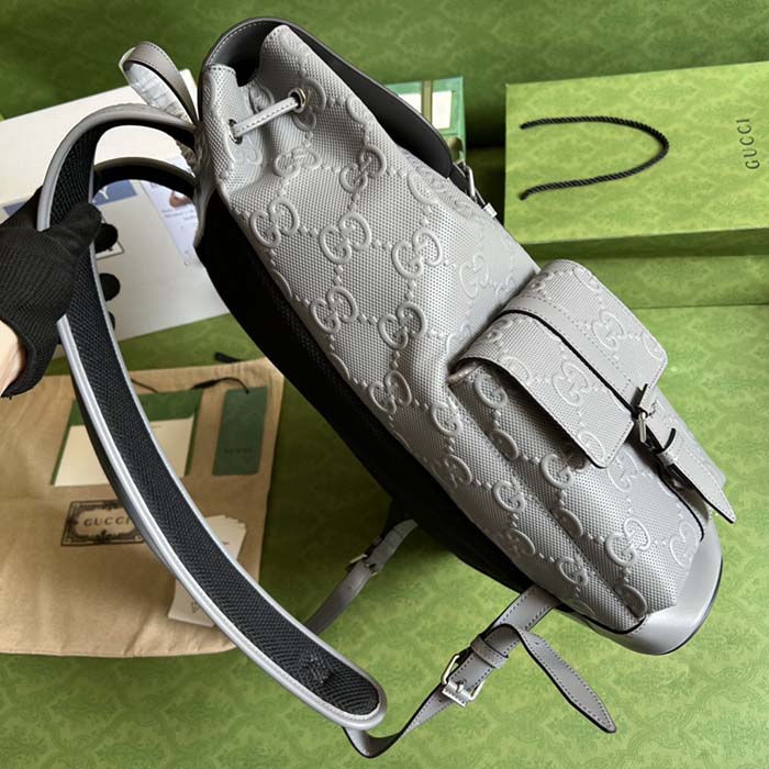 Gucci GG Unisex GG Embossed Backpack Grey GG Embossed Leather