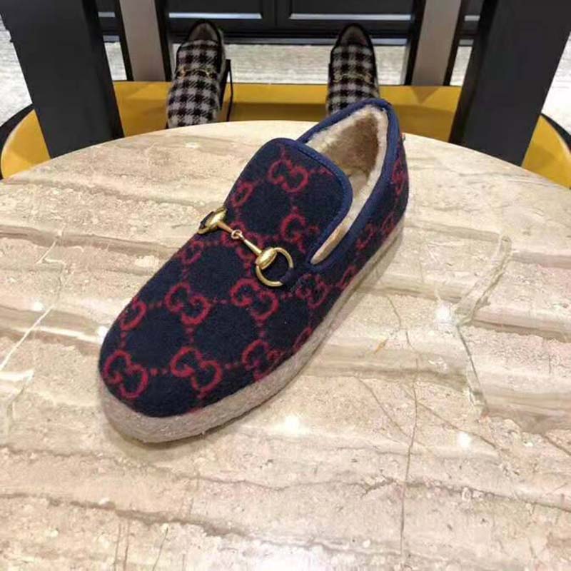 Gucci Unisex GG Wool Loafer in Blue and Red GG Wool