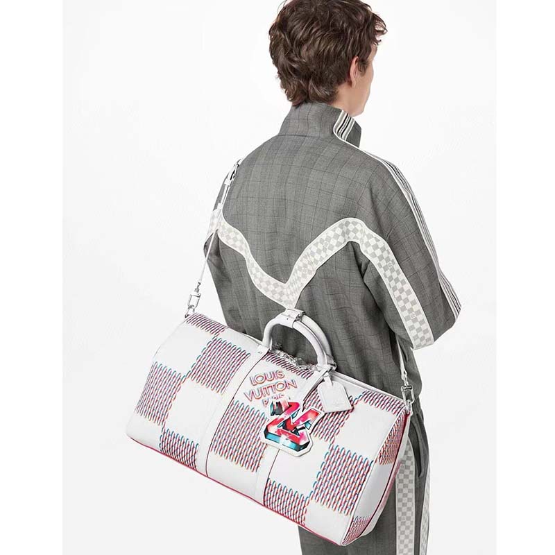 Louis Vuitton LV Unisex Keepall 50B White Damier Spray Cowhide Leather Textile Lining