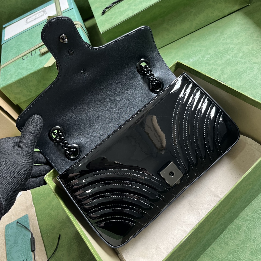 Gucci Women GG Marmont Patent Small Shoulder Bag Black Matelassé Chevron Leather