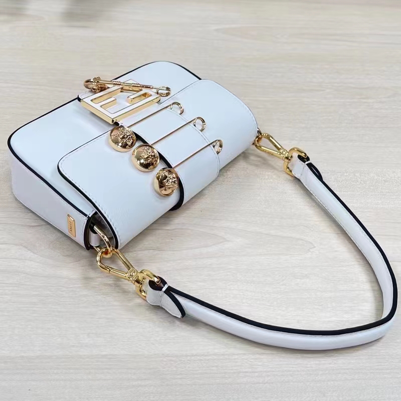 Fendi Women FF Brooch Mini Baguette Fendace White Leather Bag