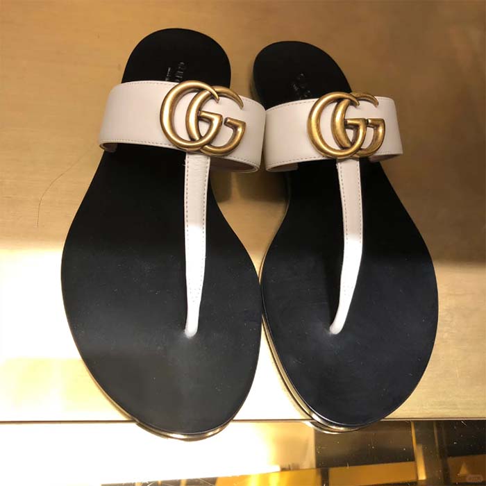 Gucci Unisex GG Leather Thong Sandal Double G White Leather Interlocking G Flat